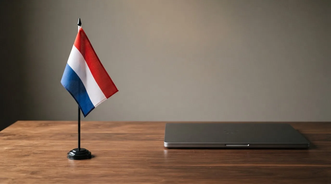 Een bureau met een Nederlandse vlag op een standaard naast een gesloten laptop, symbool voor regelgeving en toezicht op kansspelen.