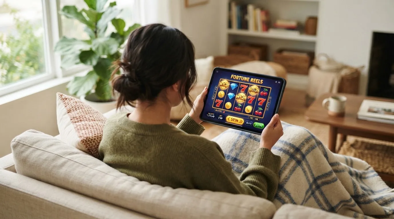 Iemand bekijkt ontspannen een tablet op de bank in een lichte woonkamer, met een plaid over de knieën.