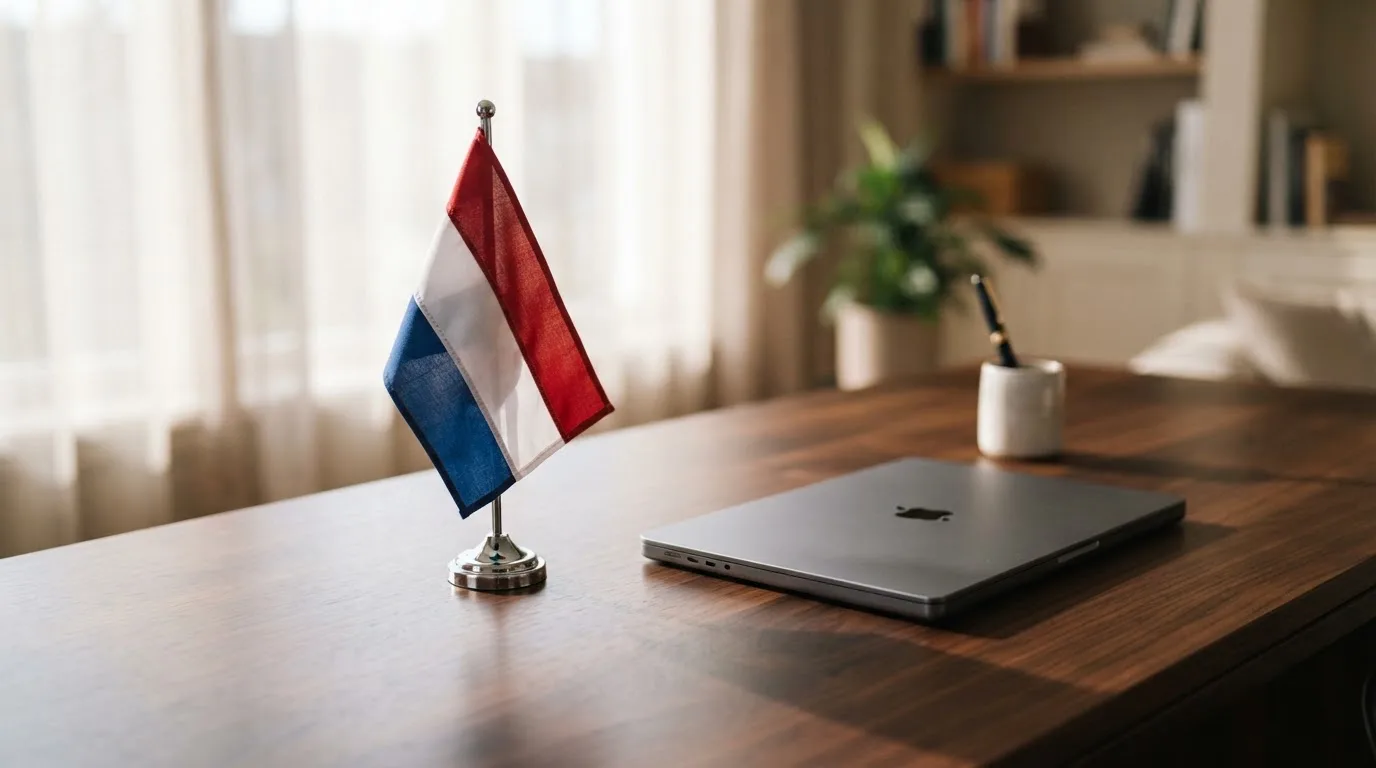 Een kantoorbureau met een Nederlandse vlag op een voetstuk naast een dichte laptop.