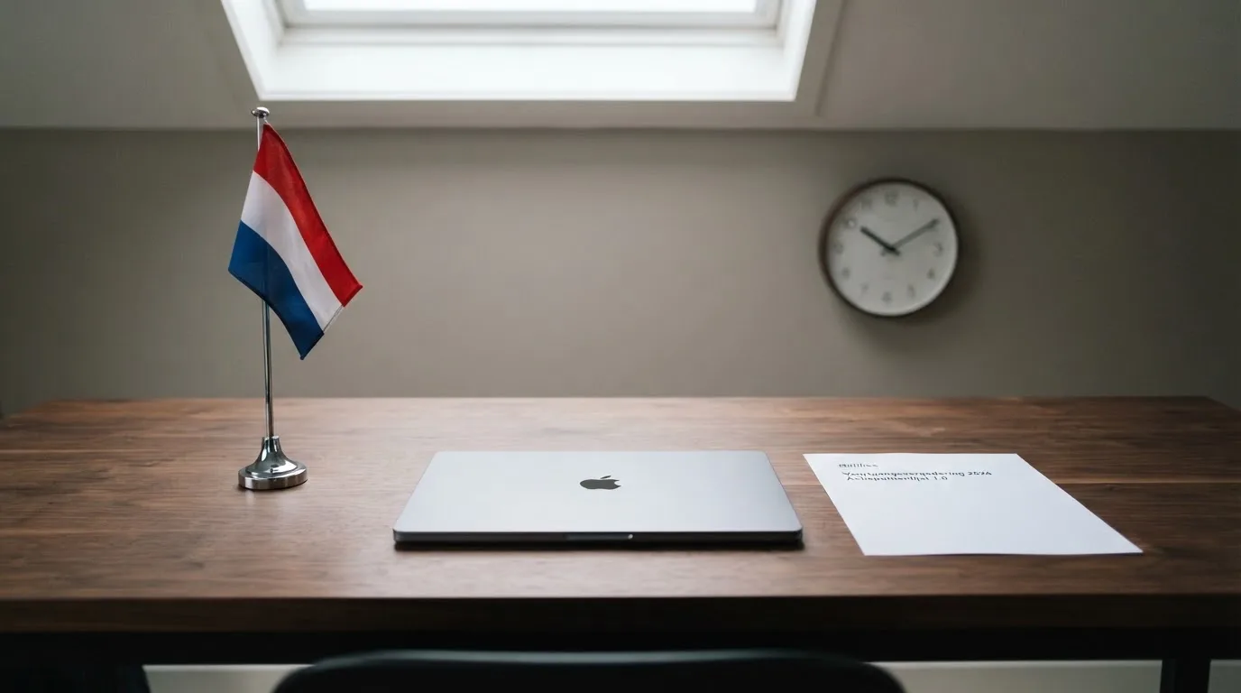 Een kantoorbureau met een Nederlandse vlag op een voetstuk naast een gesloten laptop.