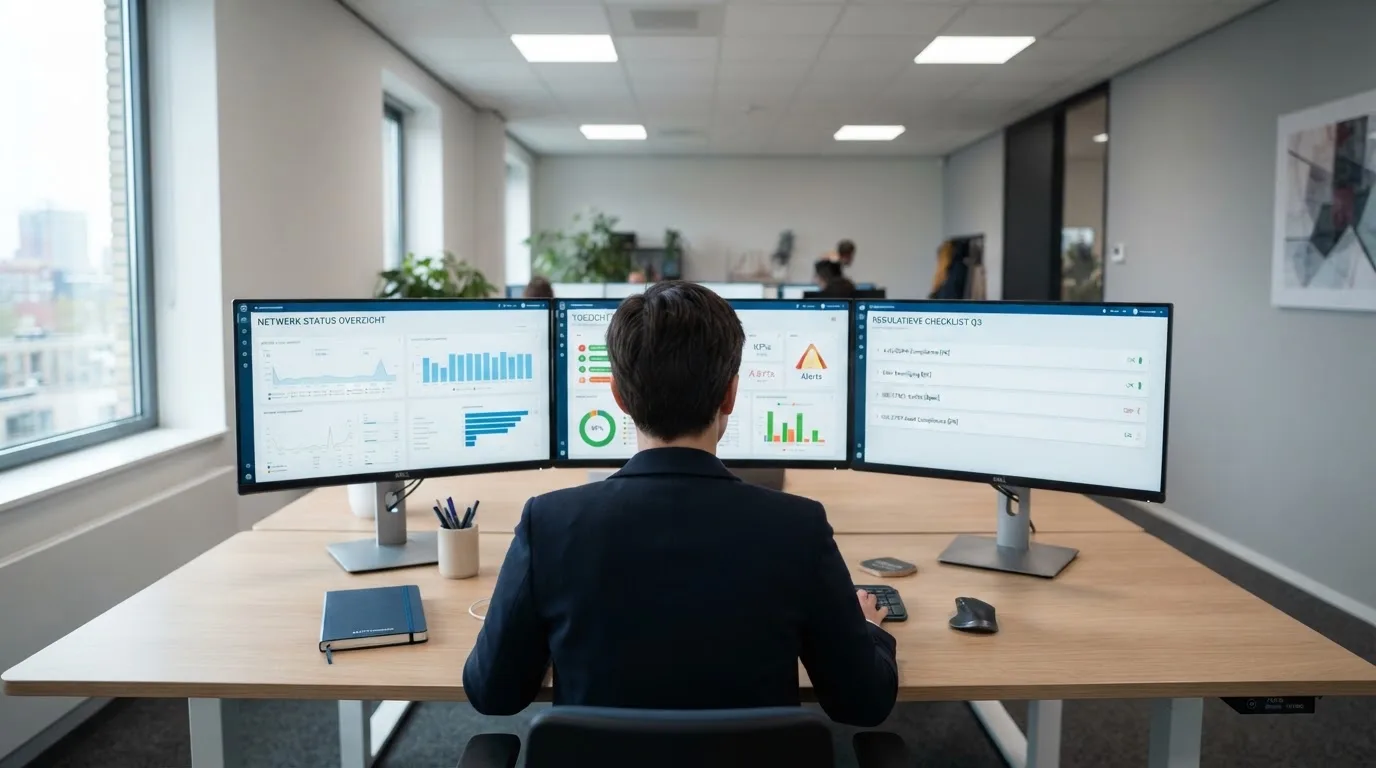 Een medewerker van een toezichthoudende instantie werkt achter een bureau met meerdere monitoren in een professioneel kantoor.