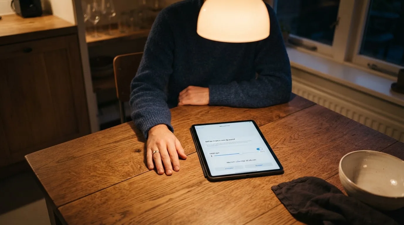 Een persoon bekijkt rustig instellingen voor speellimieten op een tablet aan een keukentafel in de avond.